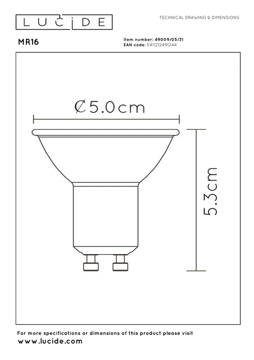 Lucide MR16 - Led bulb - Ø 5 cm - LED Dim to warm - GU10 - 1x5W 2200K/3000K - White - technical